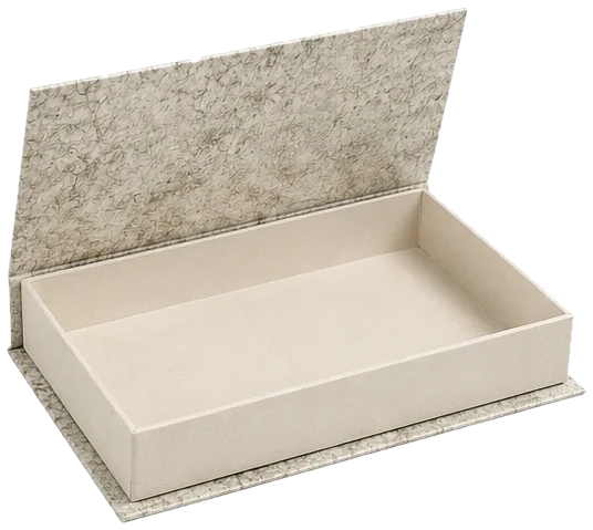 Caja premium tipo libro, abierta